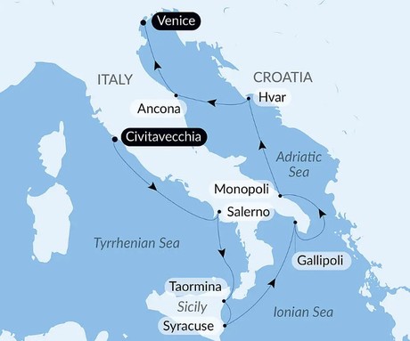 Map for Legendary Shores of Italy and Croatia Luxury Cruise