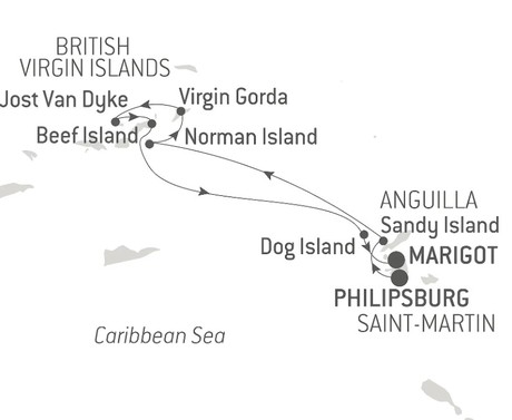 Map for Reverie Under Sail in the Heart of the Lesser Antilles - Caribbean Luxury Cruise