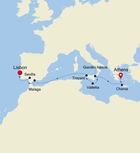 Map for Lisbon to Athens (Piraeus)
