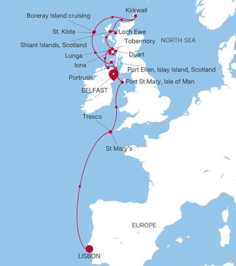 Map for 13 Days Luxury British Isles Cruise - Lisbon to Belfast