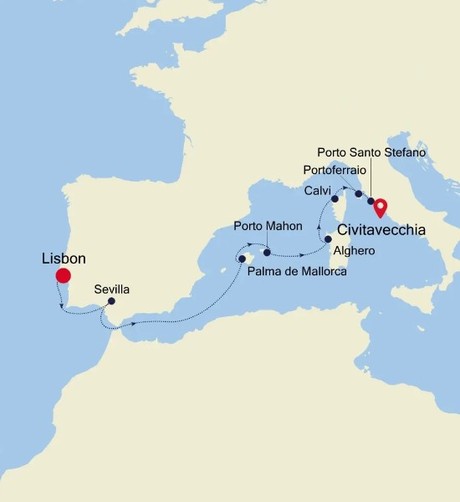 Map for Lisbon to Civitavecchia (Rome)