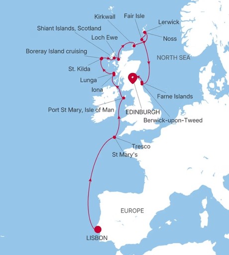 Map for 13 Days Luxury British Isles Cruise - Lisbon to Edinburgh