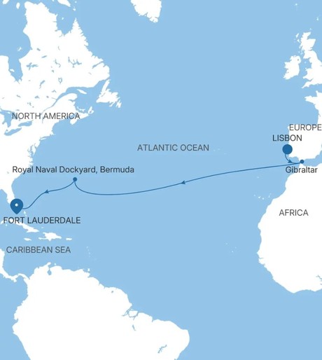 Map for Lisbon to Fort Lauderdale - Luxury 15 Day Transatlantic Crossing