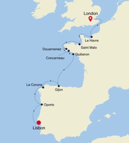Map for Lisbon to London (Tower Bridge) - 14 Day Portugal, Spain & France Luxury Cruise