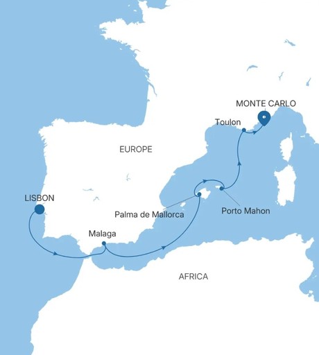 Map for Lisbon to Monte Carlo - Mediterranean Luxury 8 Day Cruise