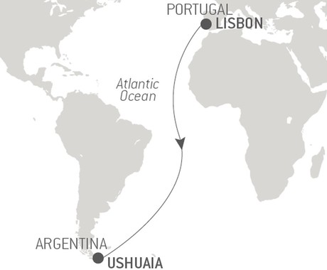 Map for Ocean Voyage: Lisbon - Ushuaia with Ponant