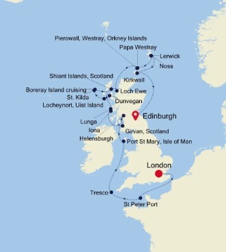 Map for London to Edinburgh - 17 Day Scotland & UK Luxury Cruise