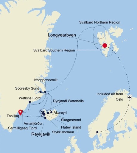 Map for Longyearbyen to Reykjavik - 30 Day Iceland, Greenland & Spitsbergen Luxury Expedition