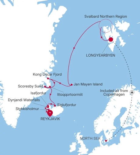 Map for 19 Days Luxury Arctic Cruise - Longyearbyen to Reykjavik