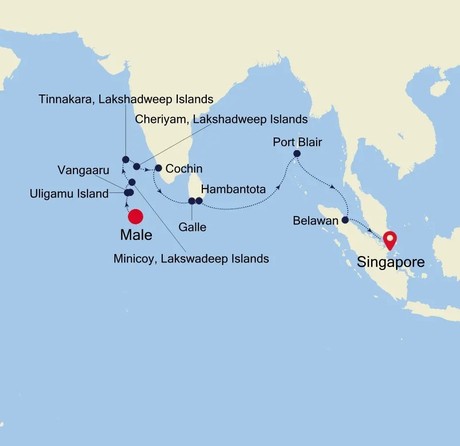 Map for Male to Singapore - 19 Day Maldives, India & Indonesia Luxury Cruise