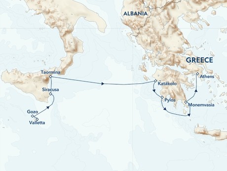 Map for Malta, Sicily and Greece Under Sail Aboard Sea Cloud II