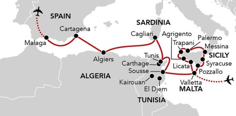 Map for Malta to Malaga