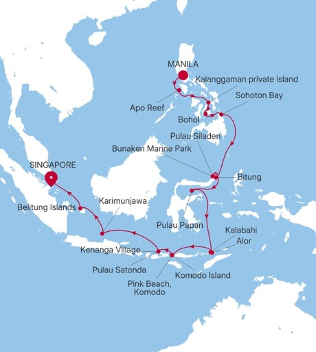 Map for 20 Days Philippines & Indonesia Luxury Cruise - Manila to Singapore