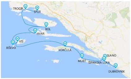 Map for One Way Luxury Cruise from Dubrovnik to Split