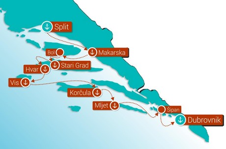 Map for Split to Dubrovnik Premium cruise