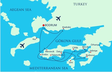 Map for Luxury Turkey gulet cruise to The Hisaronu Gulf