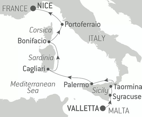 Map for Mediterranean Island Voyage: Sicily, Sardinia, Corsica, and Elba – with Smithsonian Journeys