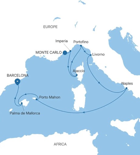 Map for Monte Carlo to Barcelona - Italy & Spain Luxury 11 Day Cruise
