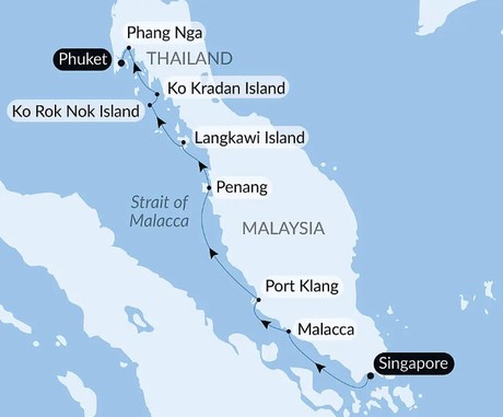 Map for Multicultural Discoveries from Malaysia to Thailand Small Ship Cruise