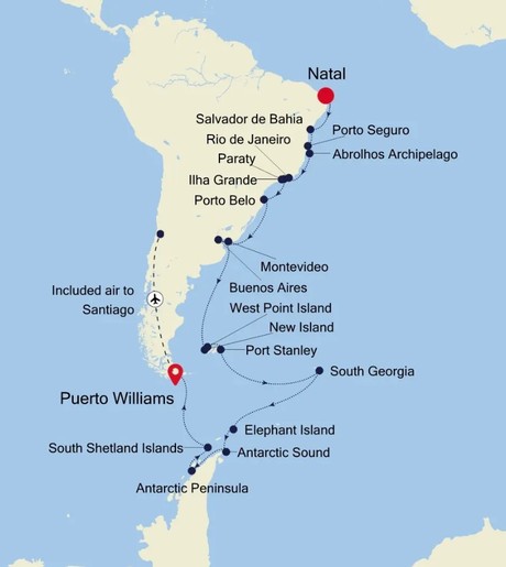 Map for Natal to Puerto Williams - South America & Antarctica Luxury Expedition