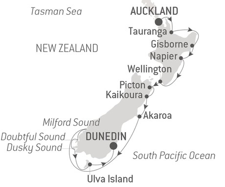 Map for Natural Treasures of New Zealand aboard Le Soleal