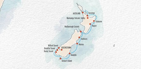 Map for New Zealand's East Coast, From Auckland to Milford Sound