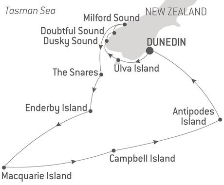 Map for Expedition to New Zealand's Subantarctic Islands - with Ponant