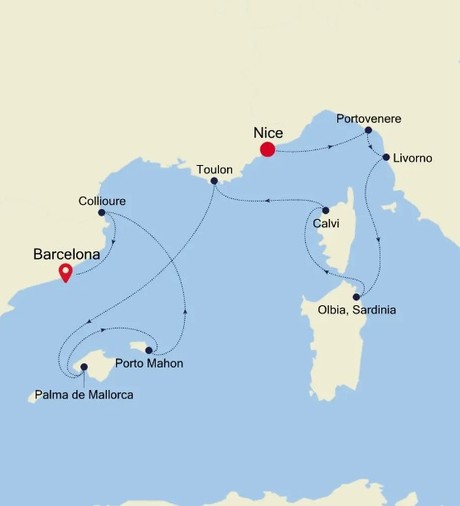 Map for Nice to Barcelona