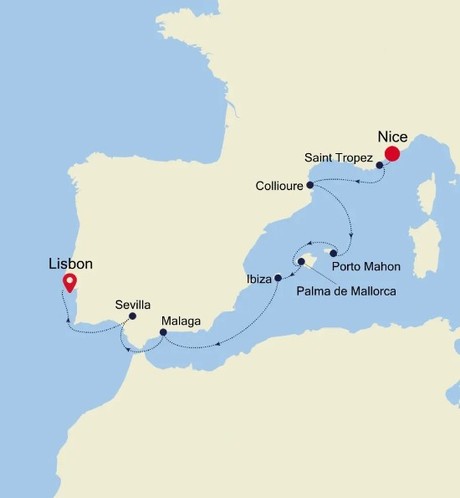 Map for Nice to Lisbon