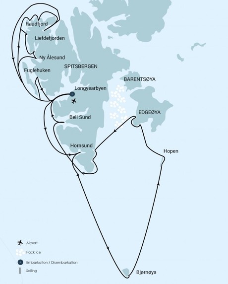 Map for 16 Days Extended North & East Spitsbergen & Bear Island
