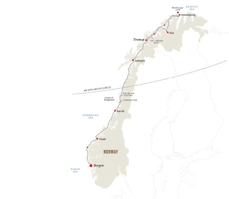 Map for The North Cape Express – Half Voyage Norway