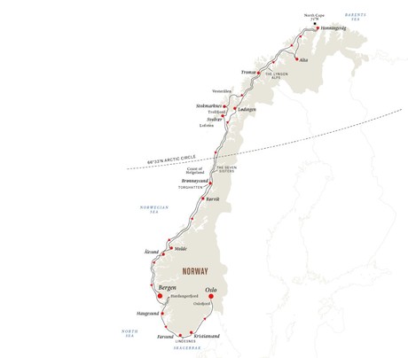 Map for The North Cape Express - Full Voyage Norway 2024