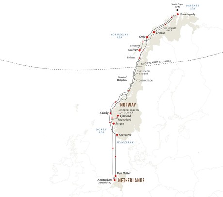 Map for Northern Lights Expedition Cruise from Amsterdam