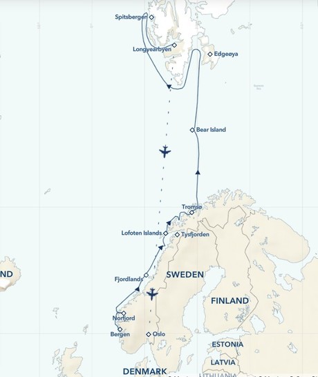 Map for Norway's Fjords & Arctic Svalbard Expedition Cruise