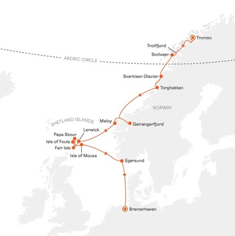 Map for Norway and Shetland Islands Small Ship Cruise