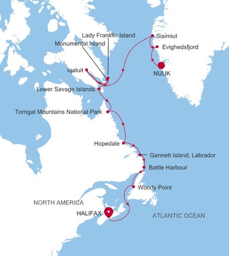 Map for 16 Days Luxury Arctic Cruise - Nuuk to Halifax