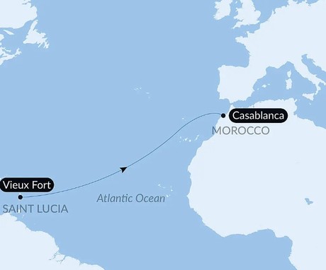 Map for Ocean Voyage: Vieux Fort to Casablanca in Luxury