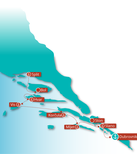 Map for Split to Dubrovnik Luxury Croatia cruise
