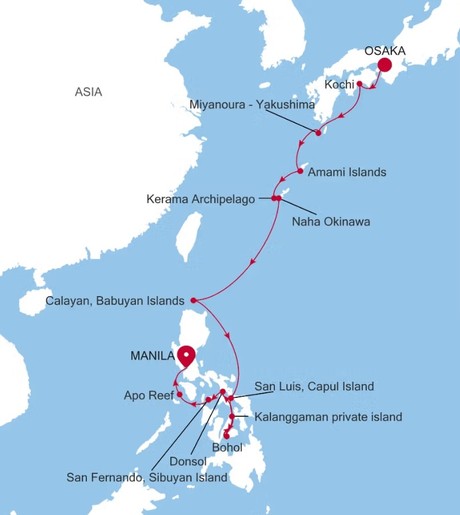 Map for 15 Days Luxury Japan & Philippines Cruise - Osaka to Manila