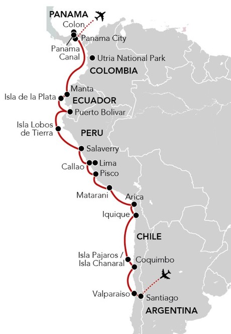 Map for Pacific Coastal Odyssey - Along the Coasts of Chile, Peru, Ecuador & Colombia to Panama