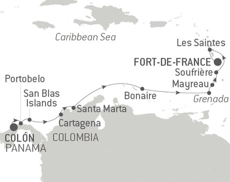 Map for Panama, Colombia & Caribbean Islands with Ponant