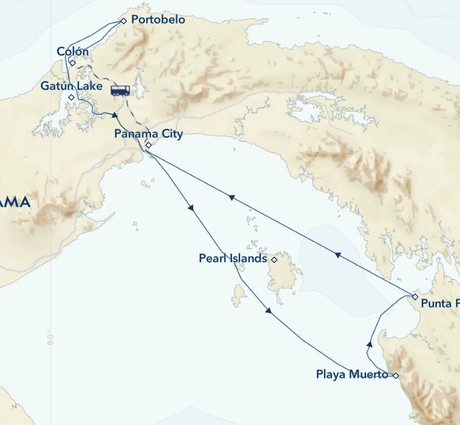 Map for The Panama Canal, Pearl Islands and Darién Jungle Small Ship Cruise