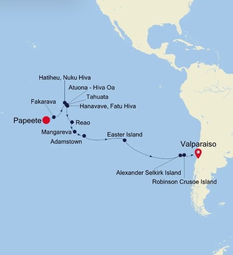 Map for Papeete to Valparaiso Luxury Cruise