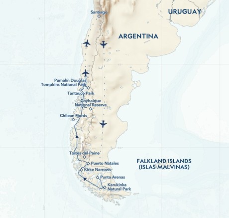 Map for Exploring Patagonia’s National Parks from Punta Arenas to Puerto Montt