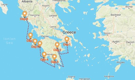 Map for Peloponnese Cruise - Sail from Athens or Corfu