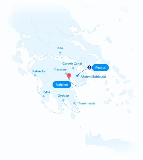 Map for Peloponnese Treasures: From Antiquity to Byzantium Small Ship Cruise