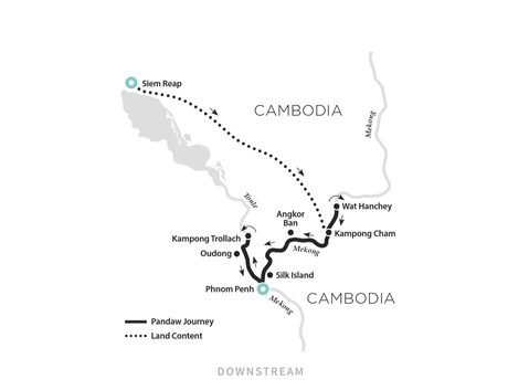 Map for Phnom Penh and Siem Reap - Downstream 4 Day River Cruise