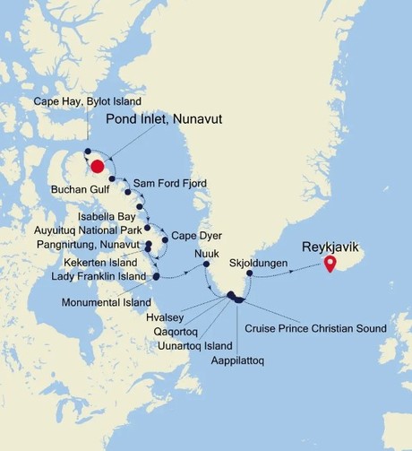 Map for Pond Inlet, Nunavut to Reykjavik Luxury Adventure Cruise