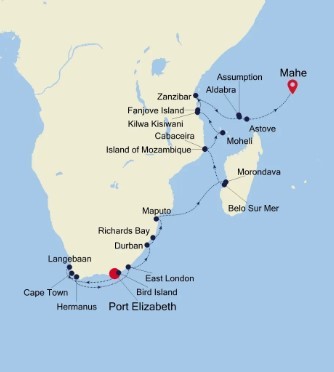 Map for Port Elizabeth to Mahe - Africa Expedition Cruise