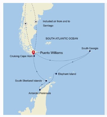 Map for Puerto Williams to Puerto Williams 18 Day Luxury Antarctica Adventure	